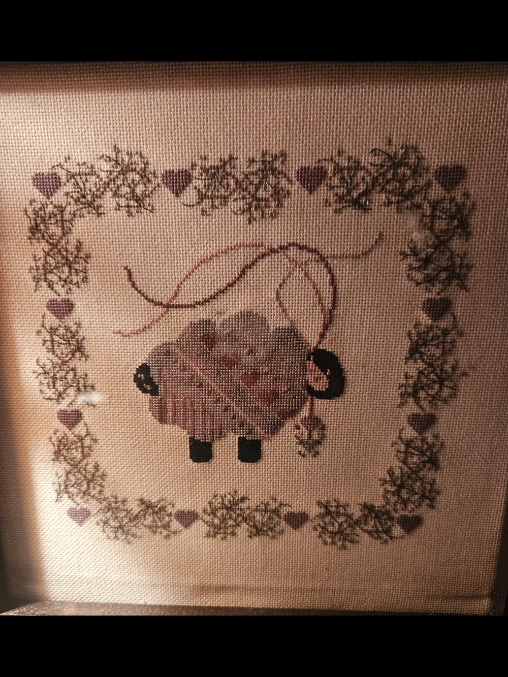 Framed Cross-Stitch Lamb Wall Art in Mauve and Cream 12.5x12.5